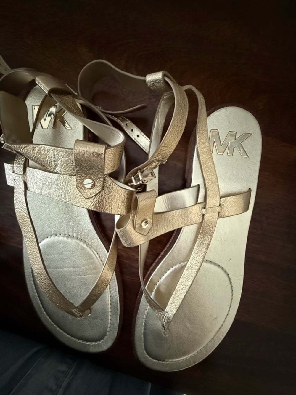 Michael Kors Gold T-Strap Leather Sandals